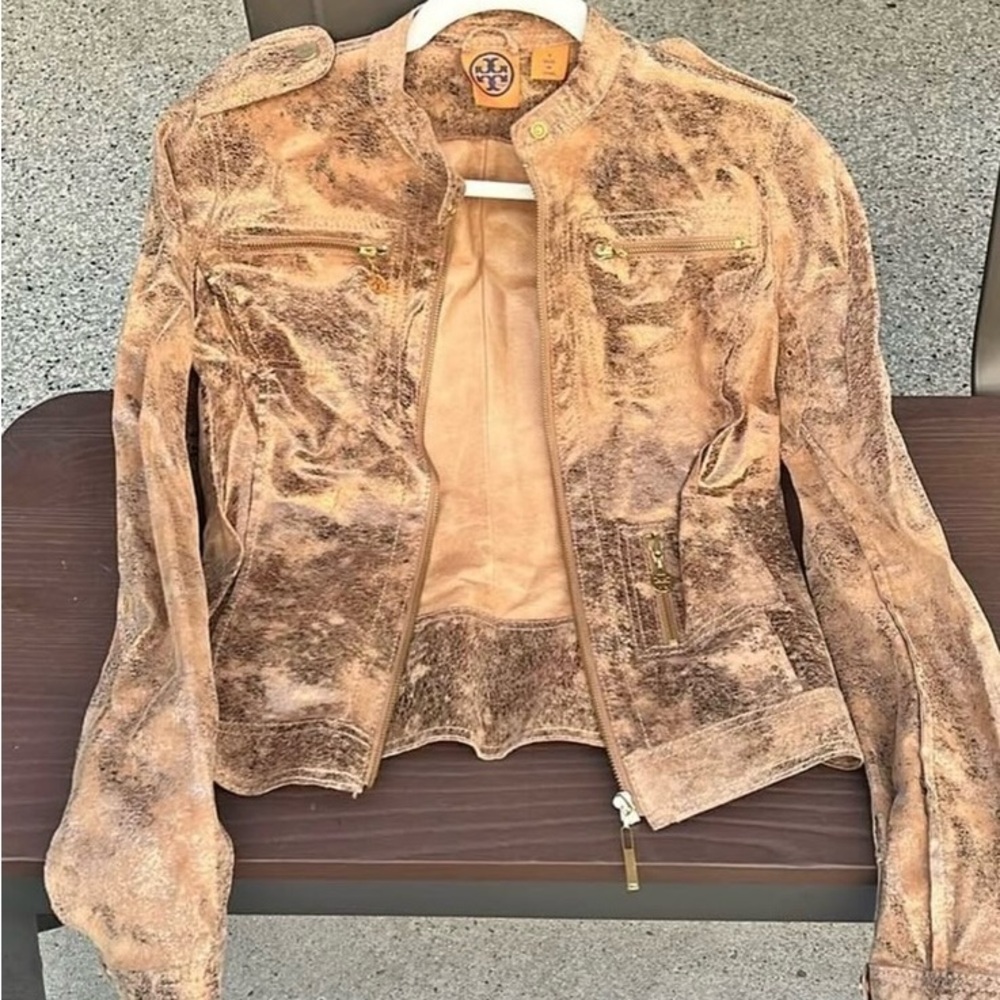 Tory Burch Tan Leather Jacket Distressed Motorcycle Style